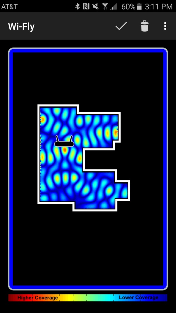 Screenshot of the Wi-Fly app showing Wi-Fi coverage over a floor plan